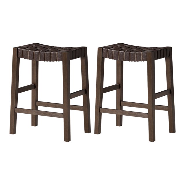 Maven Lane Emerson Counter Stool, Weathered Brown with Vegan Leather, Set of 2