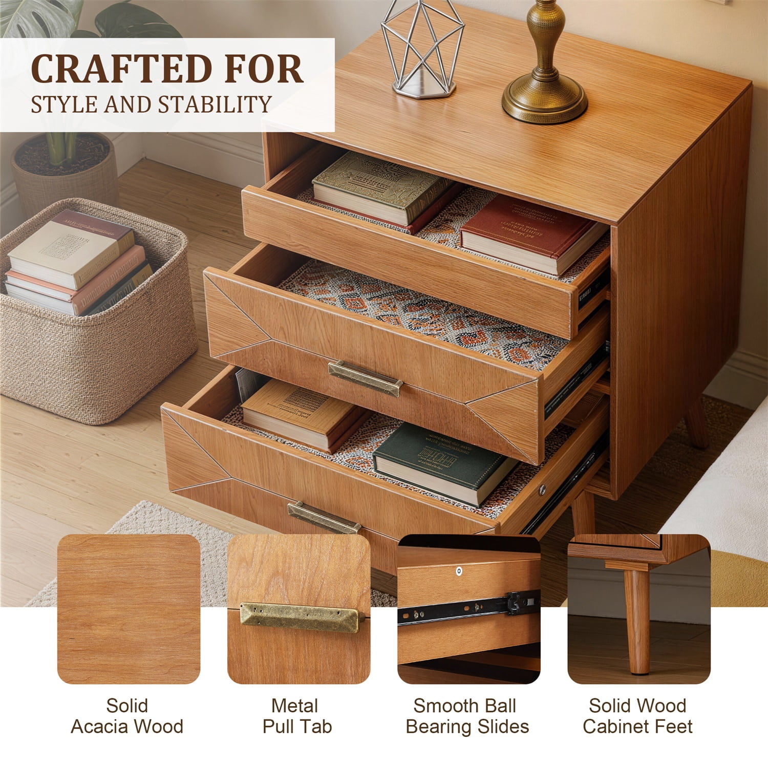 Hommoo 24" Mid-Century Modern Nightstand with Built-in Charging Station, Solid Wood & MDF Bedside Table, 2 Drawers & Open Shelf for Bedroom, Living Room or Home Office, Light Oak