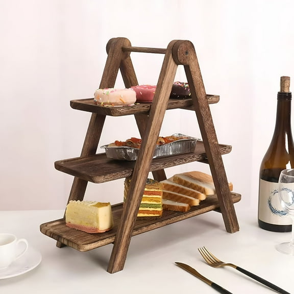 LAMIRO 3-Tier Serving Tray Wooden Wedding Serving Spice Rack Organizer Display Stand Charcuterie Board Foldable Ladder Serving Trays for Beach Camping RV Outdoor Concerts