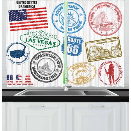 Hawaiian Living Room United States Curtains 2 Panels Set, Grunge Stamps of America Las Vegas New York San Francisco Hawaii Illustration, Window Drapes for Living Room Bedroom, 55W X 39L Inches, Multicolor, by Ambesonne ()