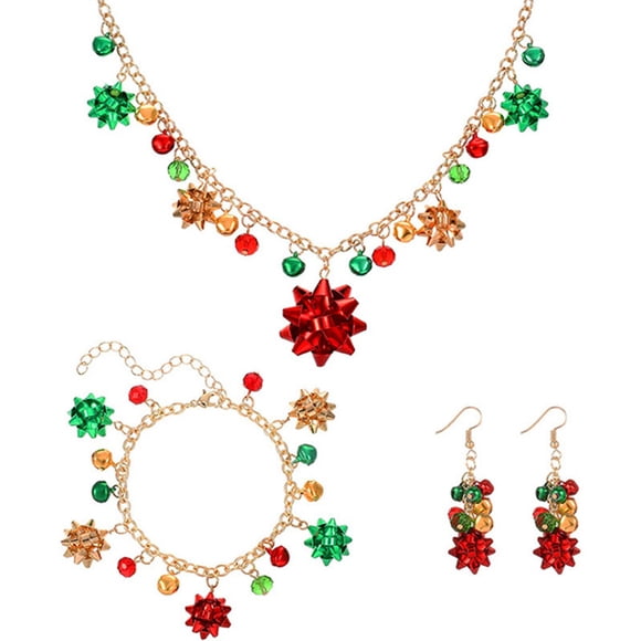 1 Juego de joyería navideña, pendientes de cascabel, collar, pulsera para mujeres y niñas