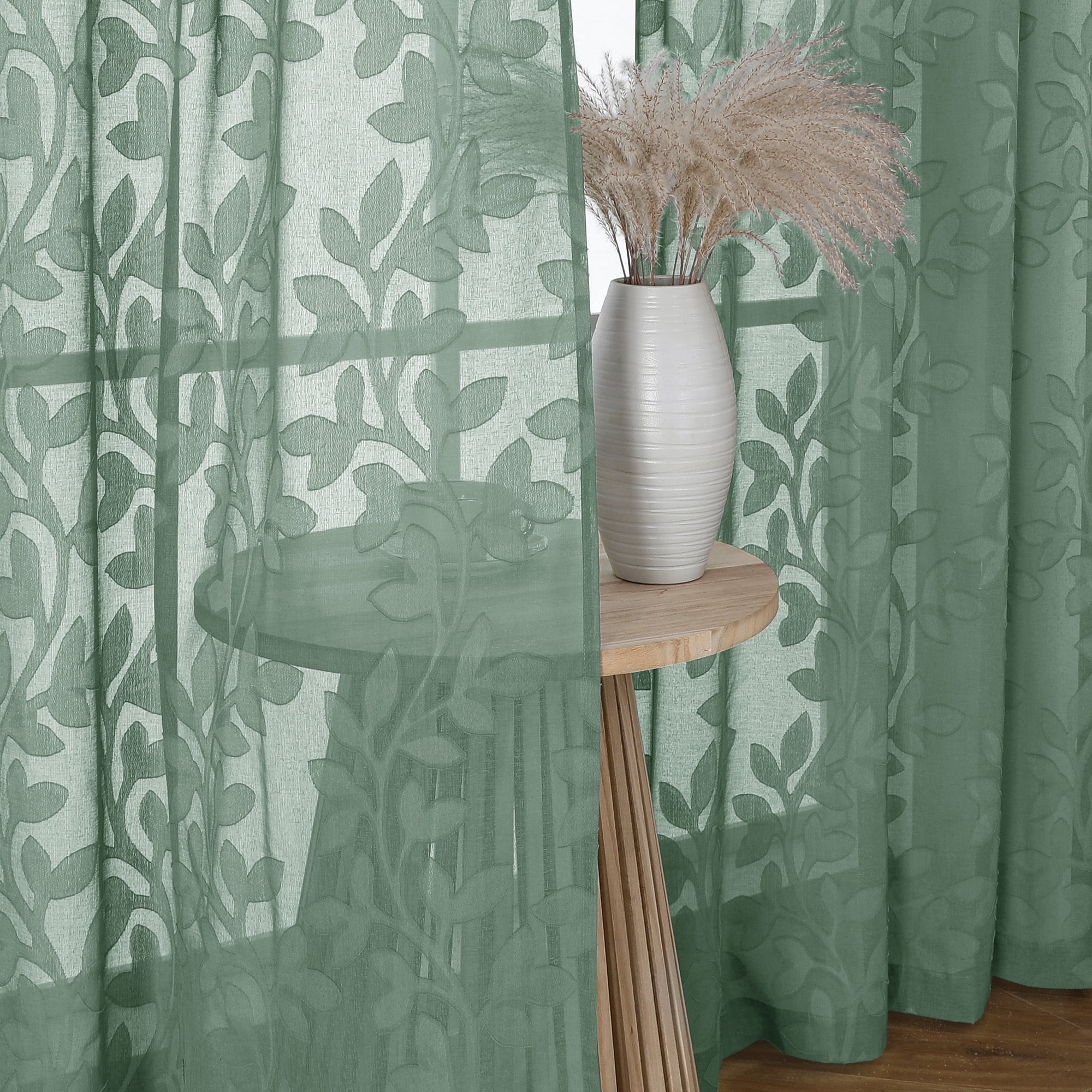 OVZME Darla Sage Green Sheer Curtains, 2 Panels Set 52x120 Inch, Light Filtering Soft & Breathable, Jacquard Farmhouse Textured Window Drapes for Living Room,52Wx120L Inch, Sage Green