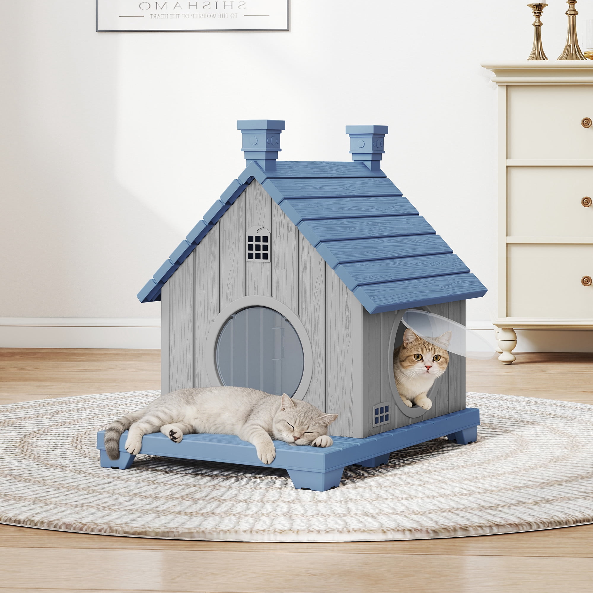 Bifanuo Outdoor Cat House,Weatherproof Resin Cat House, Villa-Style Outdoor Cat Shelter,Assemble Easily for Home & Yard,Blue