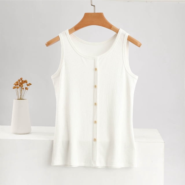 Staron Tank Tops for Women Sleeveless Trendy T Shirts Round Neck Loose Fit Ribbed Knit Button Down Blouses Flowy Casual Tank Tops