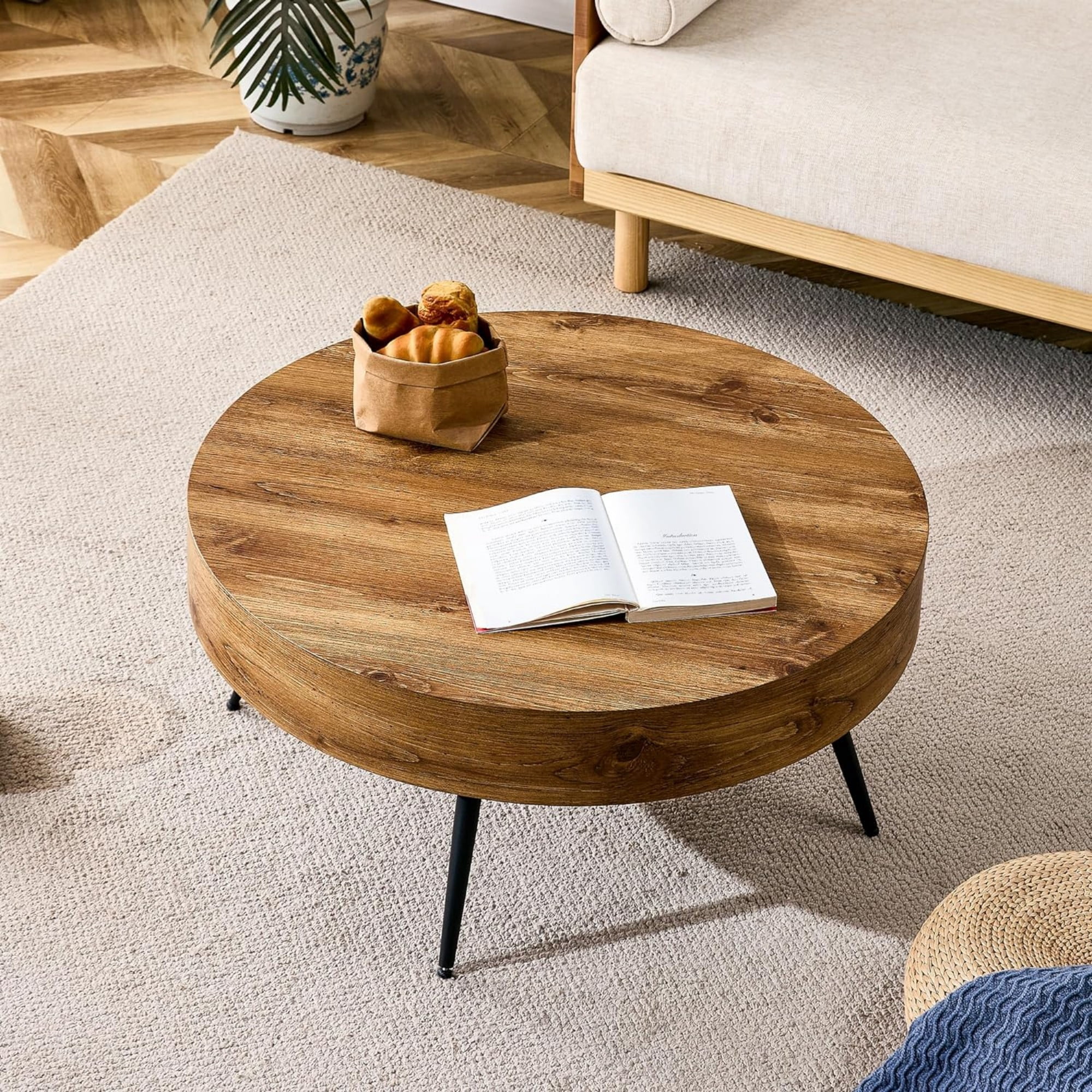 SUDICA 31.5 in Round Coffee Table, Rustic Wood Grain Finish with Black Metal Legs for Living Room