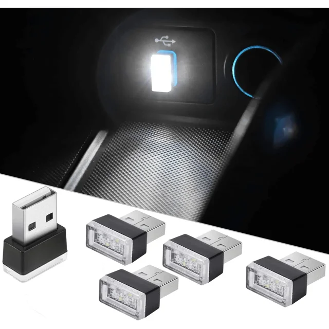 Kit de iluminación ambiental para automóvil con 5 luces LED blancas, minikit de iluminación ambiental interior enchufable de 5 V para automóviles, computadoras portátiles y puertos USB.