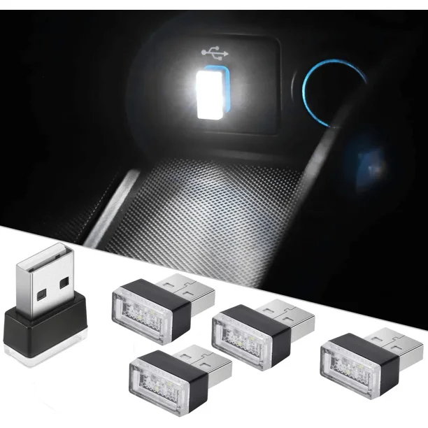 Kit de iluminación ambiental para automóvil con 5 luces LED blancas, minikit de iluminación ambiental interior enchufable de 5 V para automóviles, computadoras portátiles y puertos USB.