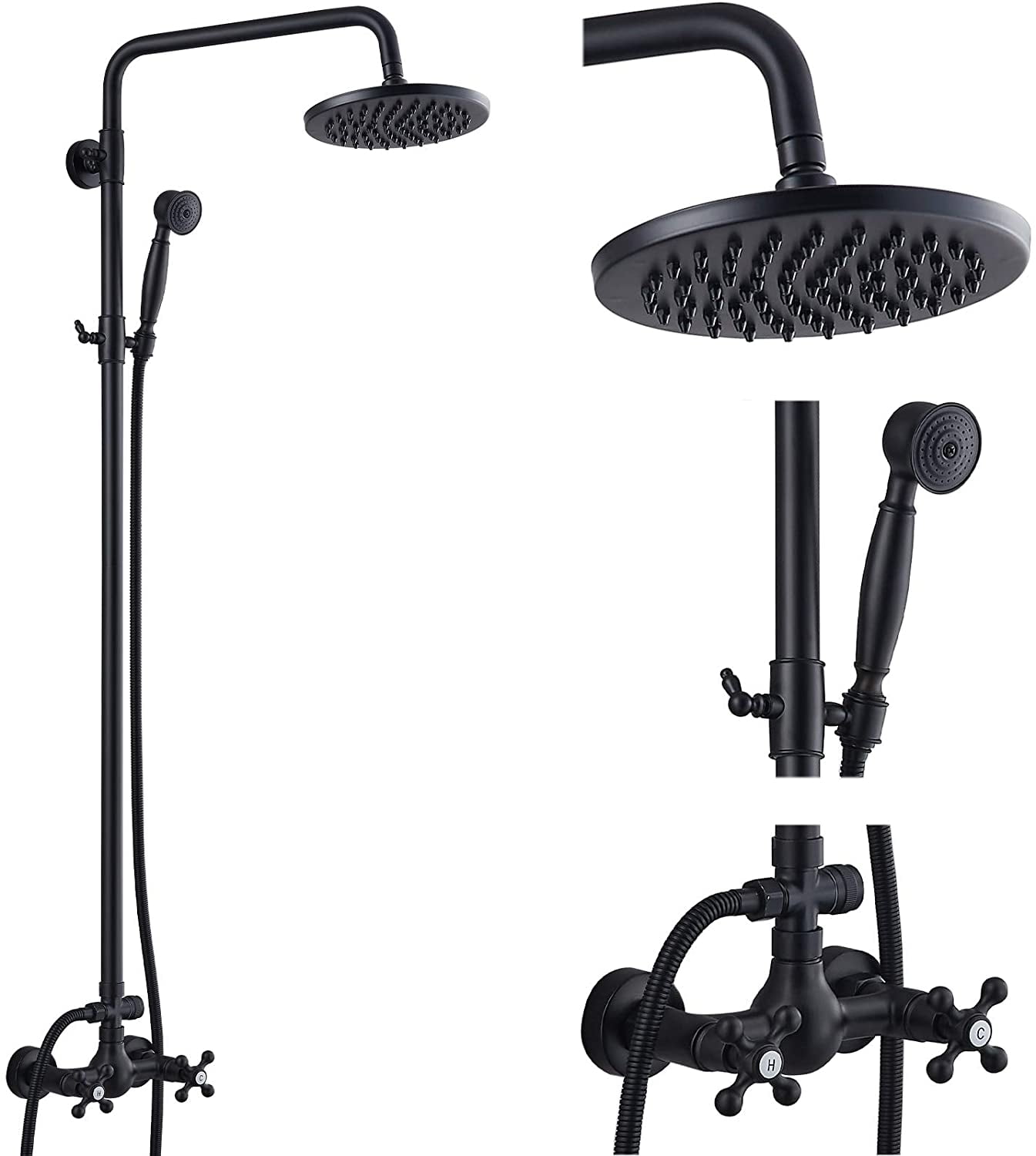 Matte Black 8" Bathroom LED Mixer Rain Shower Faucet Set Handheld Head Tap Units 