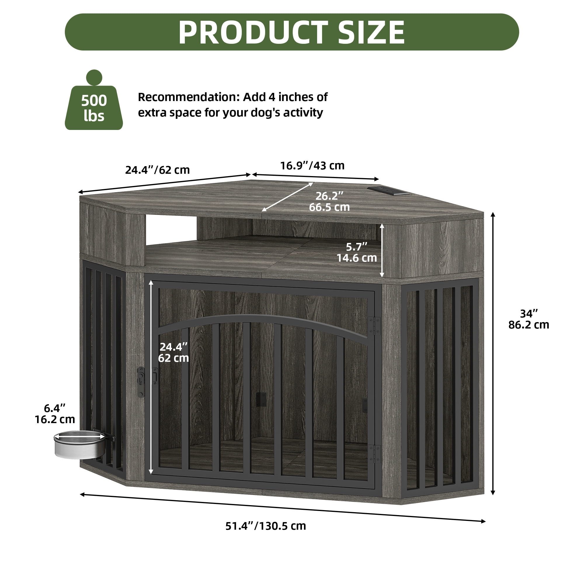 Uforic 52 Inch Gray Corner Dog Crate Furniture, Indoor Heavy Duty Kennel with LED Light, Power Outlets & 360° Bowl