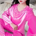 thumbnail image 3 of Skymirror 2 Pcs/Set Women Pajamas Set Silky Long Sleeves V Neck Solid Color Loose Sleeping Lace Plus Size Women Nightie Set for Bedroom, 3 of 8