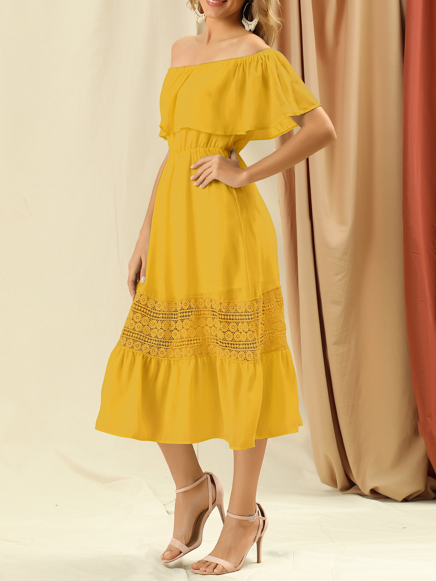 DARING DIVA Women's Off Shoulder Flutter Sleeve Maxi Dress 3XL Saffron Yellow