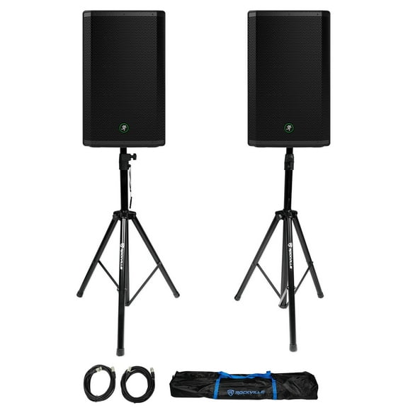(2) Mackie Thrash215 15" 1300W Powered Active DJ PA Speakers Stands Thrash 215