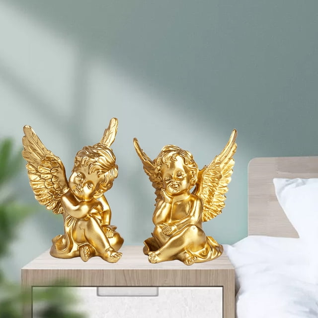 2pcs Cupid Angel Statue Tabletop Cherub Home Decor Garden Ornament Golden