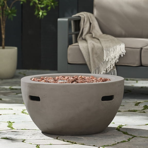 Lightweight MGO Propane Fire Pit Bowl for Patio, 40,000 BTU Outdoor Heating with Lava Rocks, Light Gray
