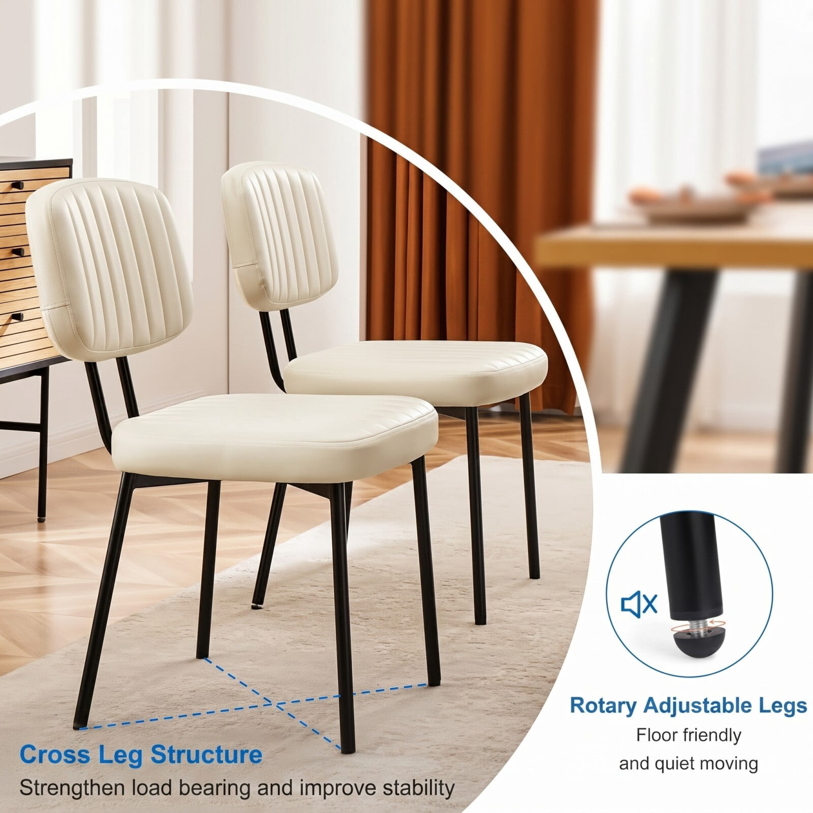 Kelno Upholstered Dining Chair Set of 2 Waterproof Faux Leather Kitchen Chairs with Ergonomic Back Support, Beige