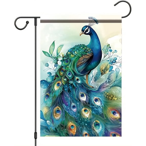 Peacock Garden Flag 12 x 18 Inch Double Sided Outdoor Yard Banner Blue and Green Peacock with Colorful Feathers Artistic Floral Design for Porch Patio Lawn Home Decor
