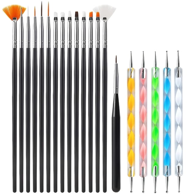 20 herramientas de diseño de uñas, juego de 15 pinceles de pintura con 5 bolígrafos de puntos, para manicura perfecta y diseños detallados NEGRO