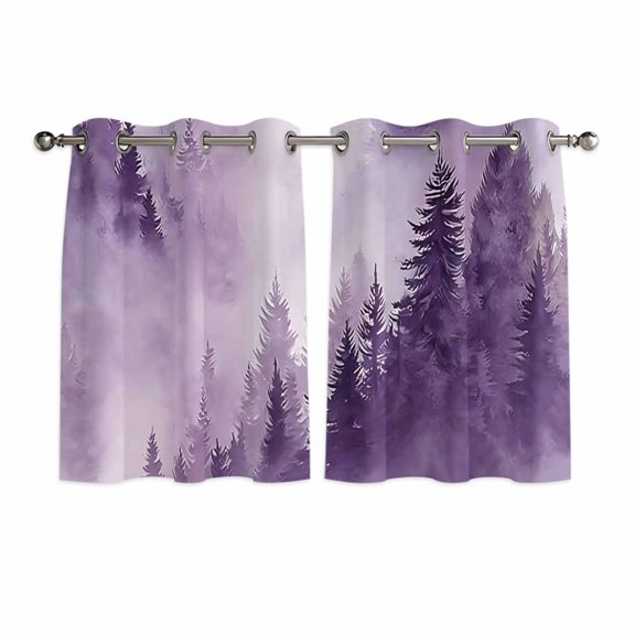 Purple Mountain Kitchen Curtains Window Panels, Misty Forest Nature Woodland Pine Tree Landscape Insulated Window Treatment Curtain, Grommet Curtains for Bedroom/Living Room, 2 Piece 52"Wx45"L