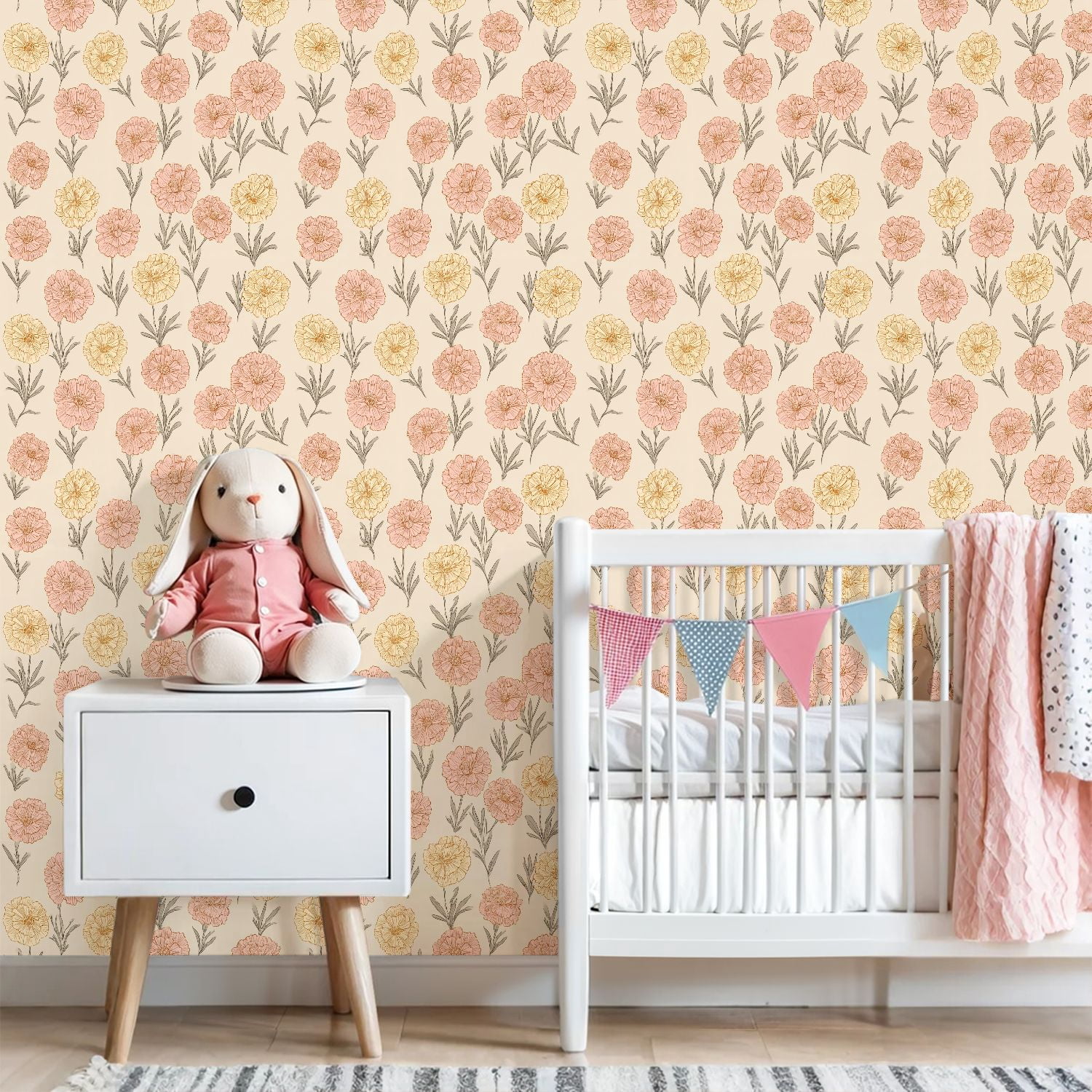 Peel and Stick Wallpaper Soft Pink Yellow Carnation Floral Beige vintage boho Wall Mural 23.6in x 9.8ft Self Adhesive Removable Wall Paper Renter Friendly Wallpaper for Bedroom Kitchen Bathroom