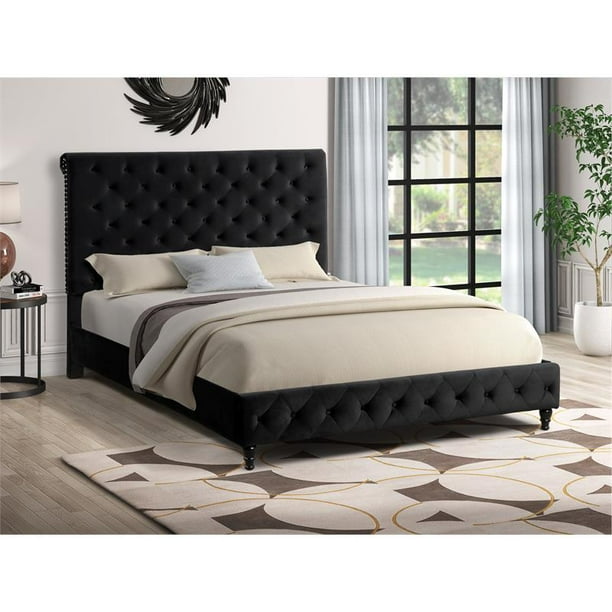 Ashley Tufted Velvet Fabric Queen Platform Bed In Black 