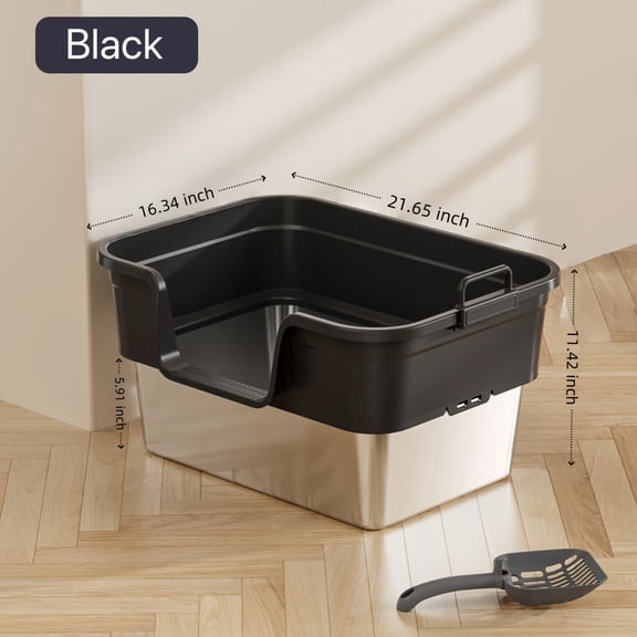 Stainless Steel Cat Litter Box with High Sides Lid, Extra Large XL Litter Box for Big Cats, Metal Kitty Litter Box with Anti-Leakage Enclosure, Non-Stick, Odorless, Scoop Included
