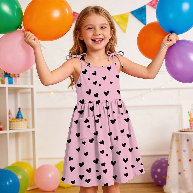 Girls' Dress Toddler Cute Heart Print Sleeveless Straps Casual with Pocket Tiered Sundress Pink 9 Years