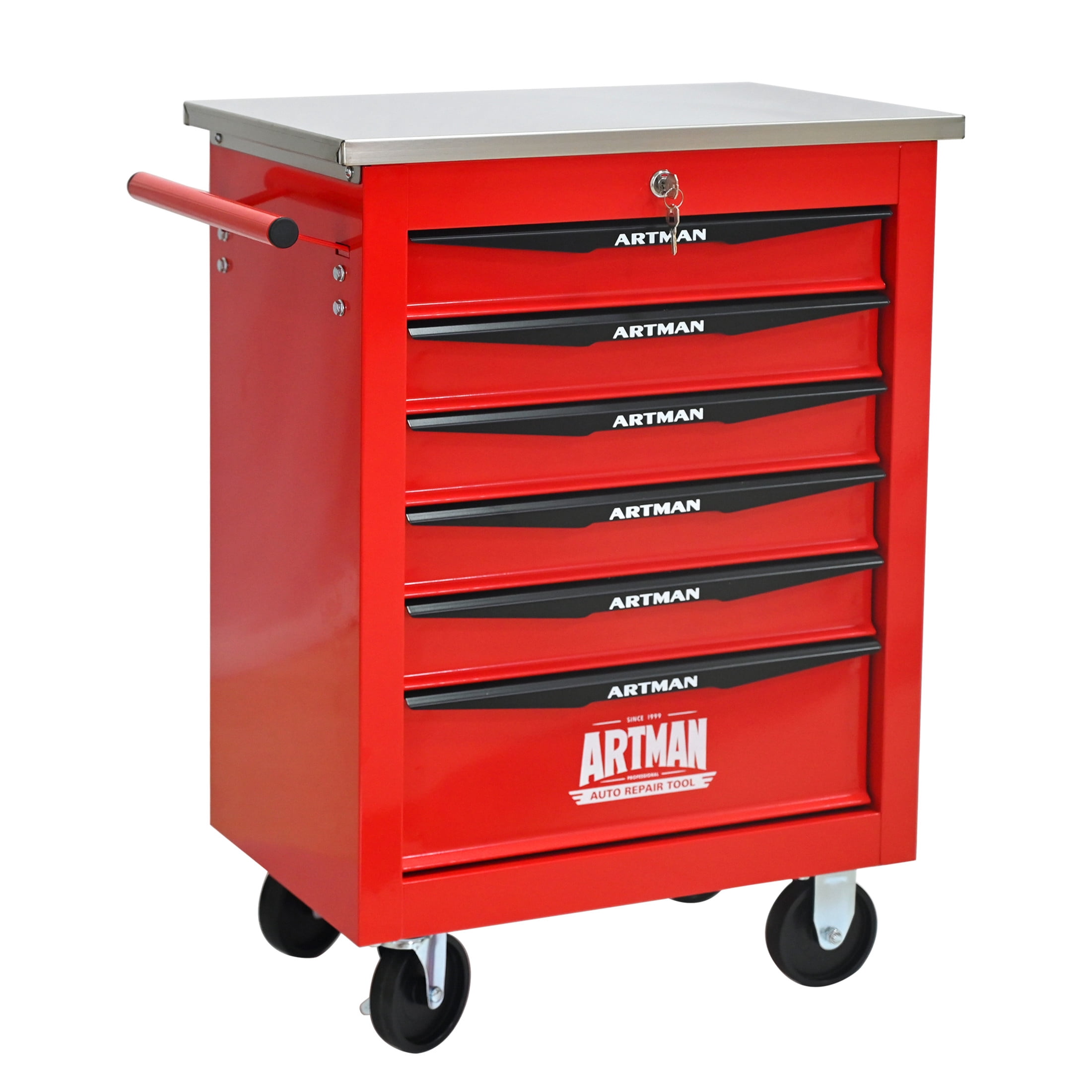 Noble House 6-Drawer Rolling Tool Organizer Cart, Steel Mobile Chest Storage with Worktop for Garage Workshop, Red