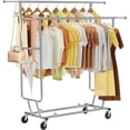 thumbnail image 1 of Rolling Rack Double Rods Garment Rack with Wheels extendable length adjustable height Load 300 LBS Heavy Duty Clothes Rack Metal Standing Rolling Clothing Rack for Hanging Clothes, 1 of 9