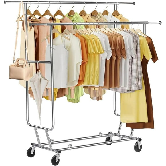 Rolling Rack Double Rods Garment Rack with Wheels extendable length adjustable height Load 300 LBS Heavy Duty Clothes Rack Metal Standing Rolling Clothing Rack for Hanging Clothes