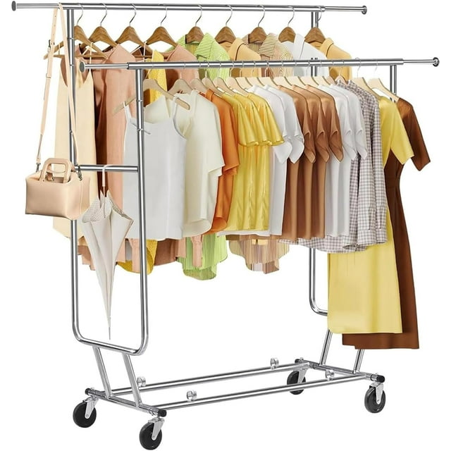 Rolling Rack Double Rods Garment Rack with Wheels extendable length adjustable height Load 300 LBS Heavy Duty Clothes Rack Metal Standing Rolling Clothing Rack for Hanging Clothes