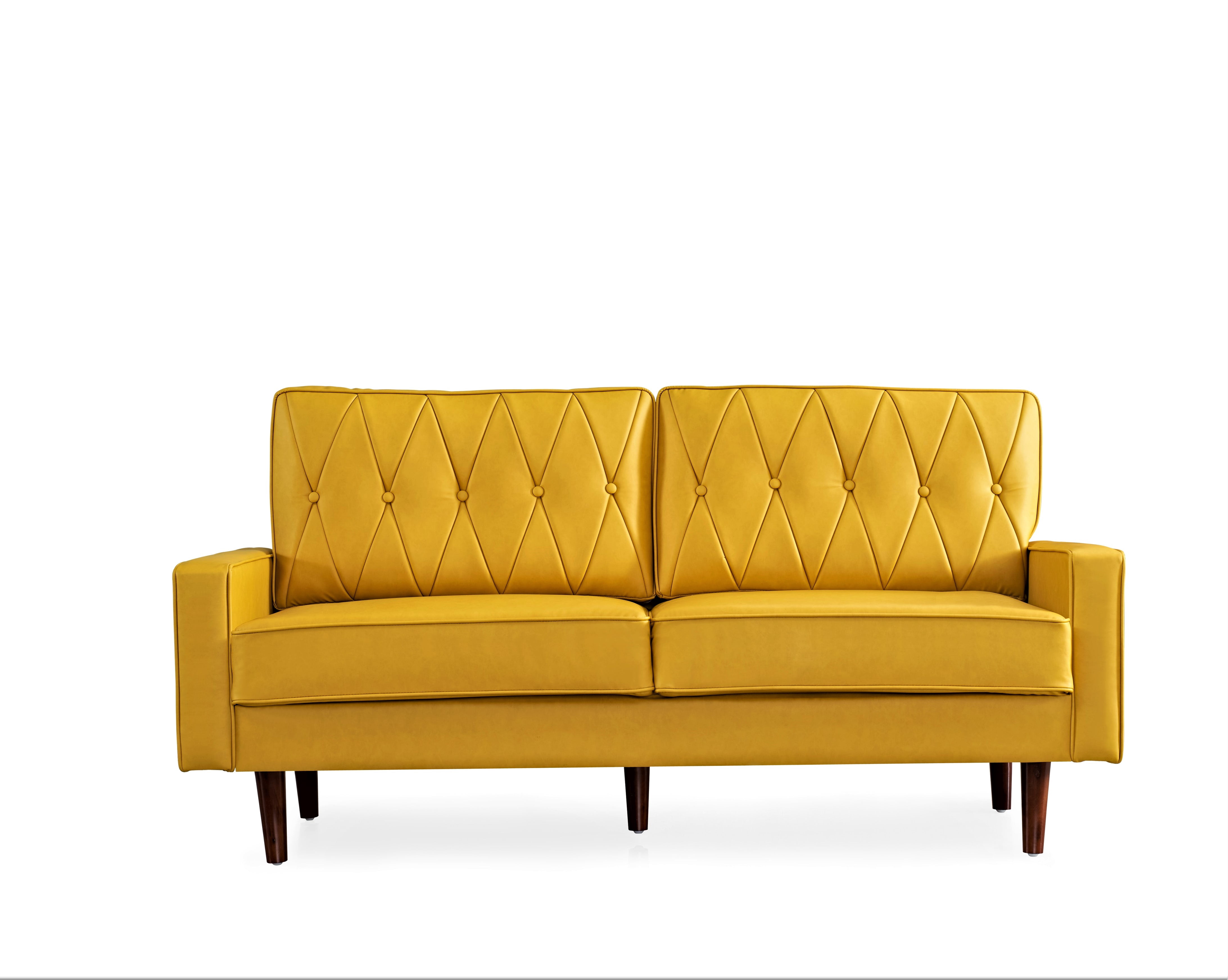 Uspridefurniture Acire 69.3" Faux Leather Cushion Back Sofa, Mustard Yellow