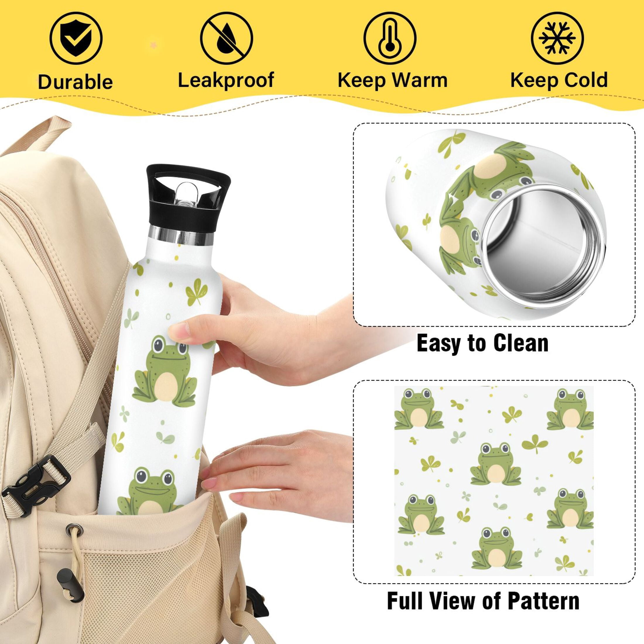 Kids Insulated Stainless Steel Sports Water Bottle 600ml (20oz) Cartoon Frog Pattern
