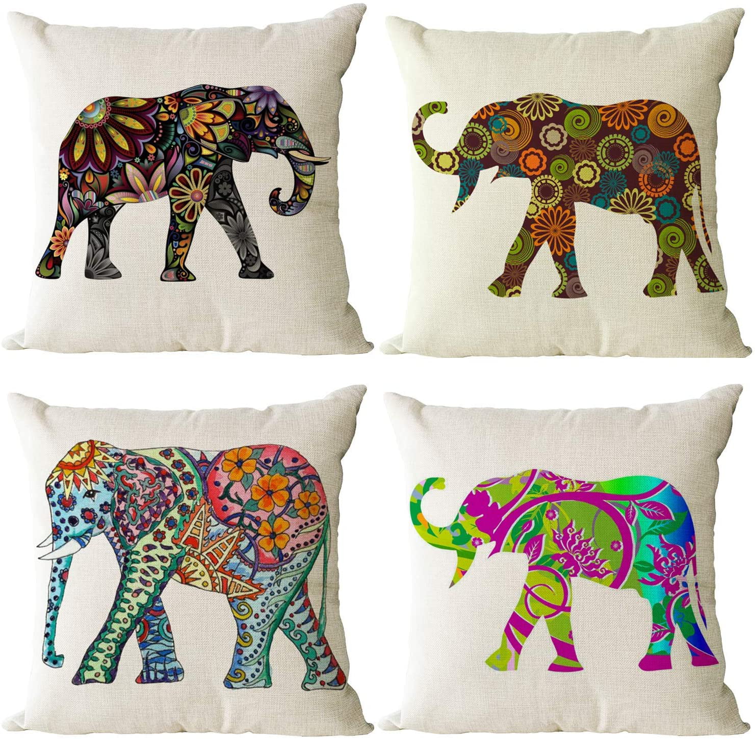 18 Inch Elephant Pillow Case Cotton Linen Square Sofa Cushion Cover Home Decor 