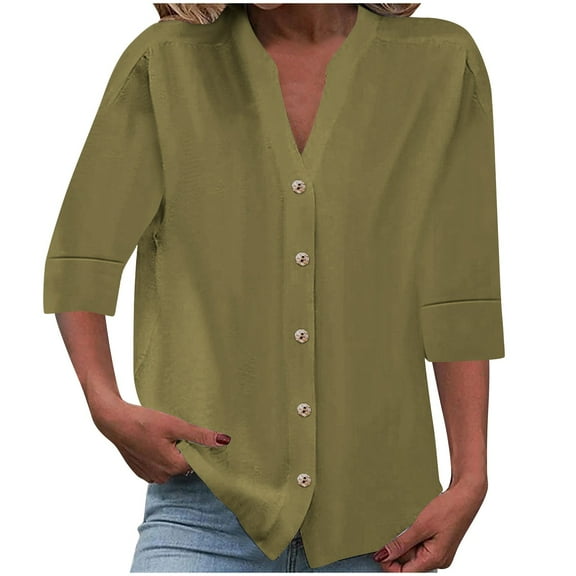 ZACPNCV Long Sleeve Shirts for Women Fall Tops Women's Solid Color V-Neck Cardigan Casual Tops Olive Green