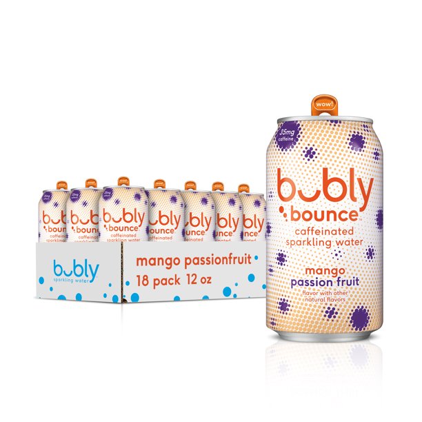 (18 Cans) bubly bounce Caffeinated Sparkling Water, Mango Passionfruit