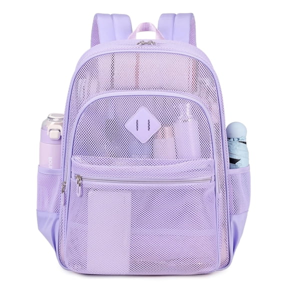 Soda Candy Mesh Backpack Heavy Duty See Through School Backpacks Transparent Bookbag Semi-Transparent Net Book Bags for Swimming, Beach, Sports, Work, Travel, Purple