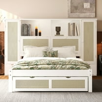 Yoneston Twin Size Platform Bed with 2 Storage Lockers & Headboard Shelf and Drawer, Multifunctional Wooden Bed Frame with Natural Rattan Design, White