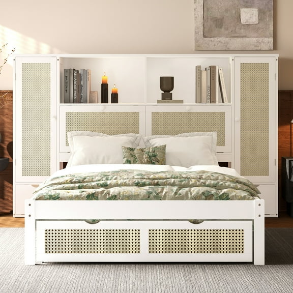 Yoneston Twin Size Platform Bed with 2 Storage Lockers & Headboard Shelf and Drawer, Multifunctional Wooden Bed Frame with Natural Rattan Design, White