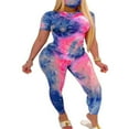thumbnail image 1 of 2Pcs WomenClothes Outfit Tie Dye Print Short Sleeve Top+Long Pant Set, 1 of 6