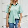 thumbnail image 6 of Olyvenn Button Down Shirts for Women Collared Casual Solid Short Sleeve Blouse Loose Fit Dressy Lapel V-Neck Tops with Chest Pocket Mint Green M, 6 of 7
