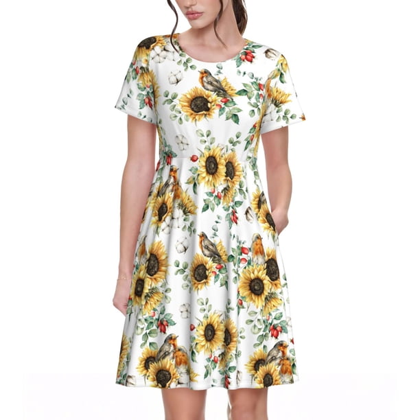 Easygdp Sunflowers Leaves And Birds para Vestido Transpirable de Mujer, Vestido Suelto de Manga Corta con Pliegues y Bolsillos para el Verano