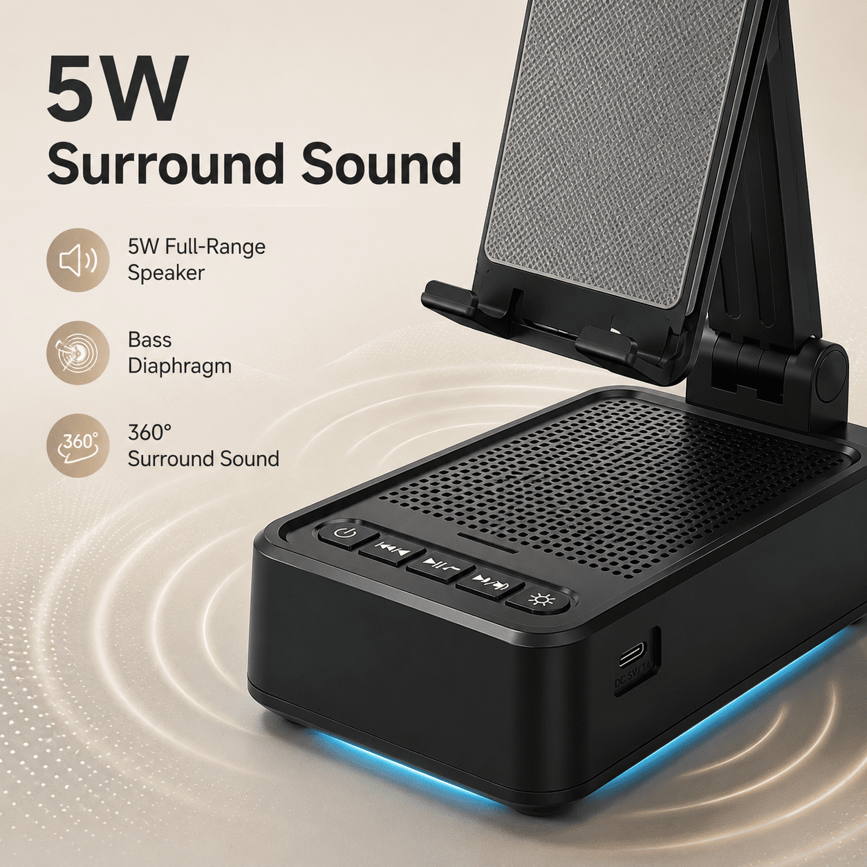 JDMEOPD Foldable Cell Phone and Tablet Stand with Bluetooth Speaker, Night Light, 5W Surround Sound, Black