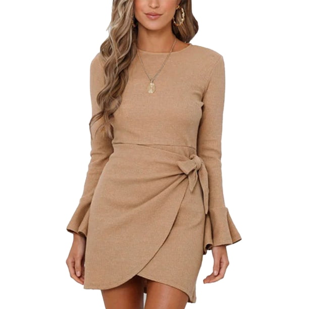 Vestido acampanado de manga larga con lazo y cinturón,Vestido acampanado de manga larga con lazo y cintura alta, vestido con cinturón y cuello redondo, vestido cruzado con volantes, claridad notable