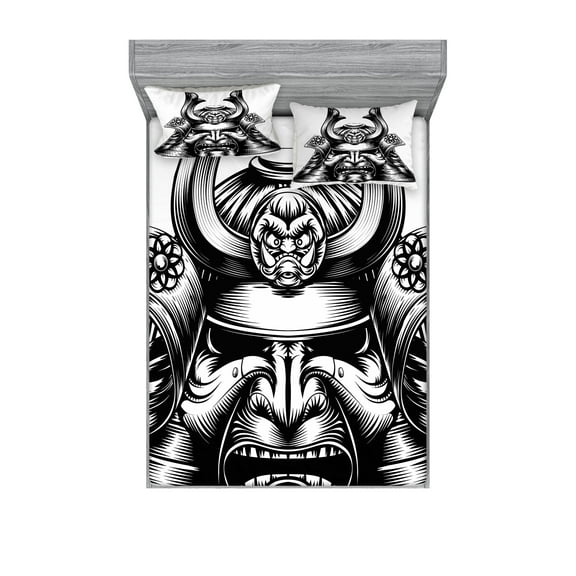 Ambesonne Japanese Fitted Sheet & Pillow Sham Set, Samurai Martial, Queen, Black White