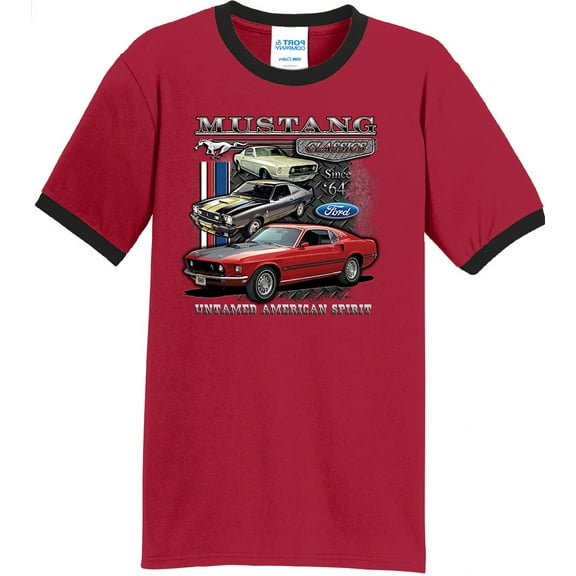 Mens Ford Mustang Untamed 100% Cotton Ringer Tee Shirt, Small Red/Black