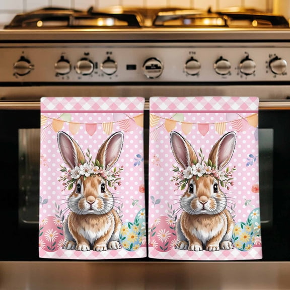 Easter Bunny Kitchen Towels Set of 4, Pink Polka Dot Colorful Eggs Checkered Plaid Absorbent Dish Towels for Kitchen, Microfiber Hand Towel, Quick Drying Tea Towel for Cleaning Decorative Dishcloths
