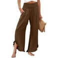 thumbnail image 2 of QHFBli Womens Wide Leg Linen Pants Smocked Elastic Waist Ruffle Hem Palazzo Pants Summer Loose Comfy Beach Pants with Pockets, 2 of 5