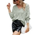 thumbnail image 1 of Suéter con cuello en V para mujer Moda Suelta Casual Color sólido Cuello en V Jersey Linterna Manga larga Suéter de punto hueco Verde XL, 1 of 5