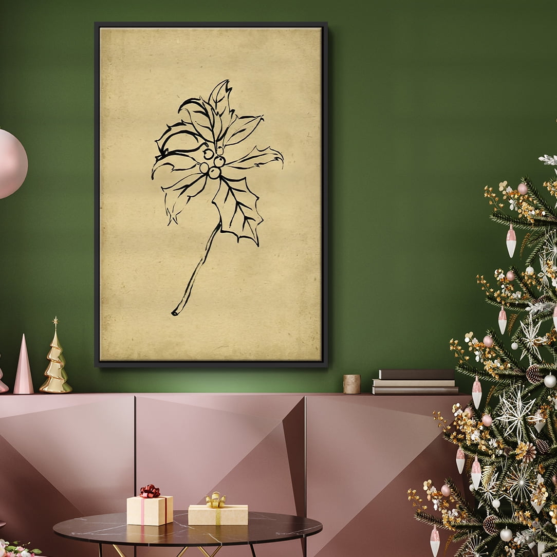 Holly Branch II - Framed Gallery Wrapped Holiday Canvas - 27 x 41 - Black Frame