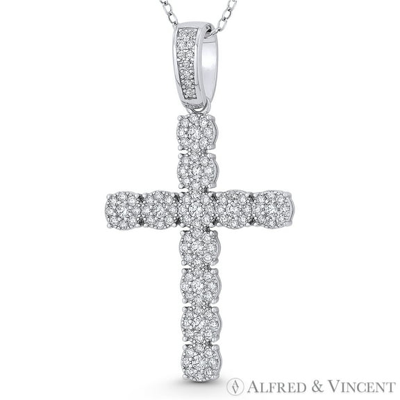 Multi-Cluster Cross Cubic Zirconia CZ Crystal Pave 46x25mm (1.8x1in) Christian Pendant & Chain Necklace in .925 Sterling Silver w/ Rhodium